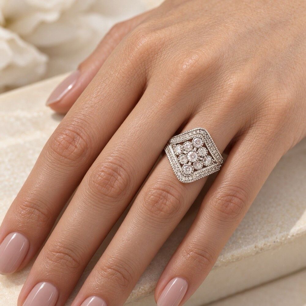 925 Sterling Silver CZ Cluster Geometric Cocktail Ring Size 6 Statement